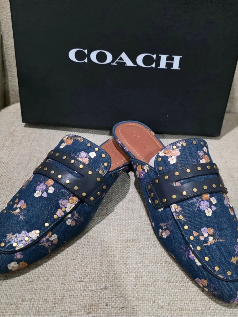 Coach Denim Floral Studded Slip-On Mules in Navy and Tan - Picture 7 of 11